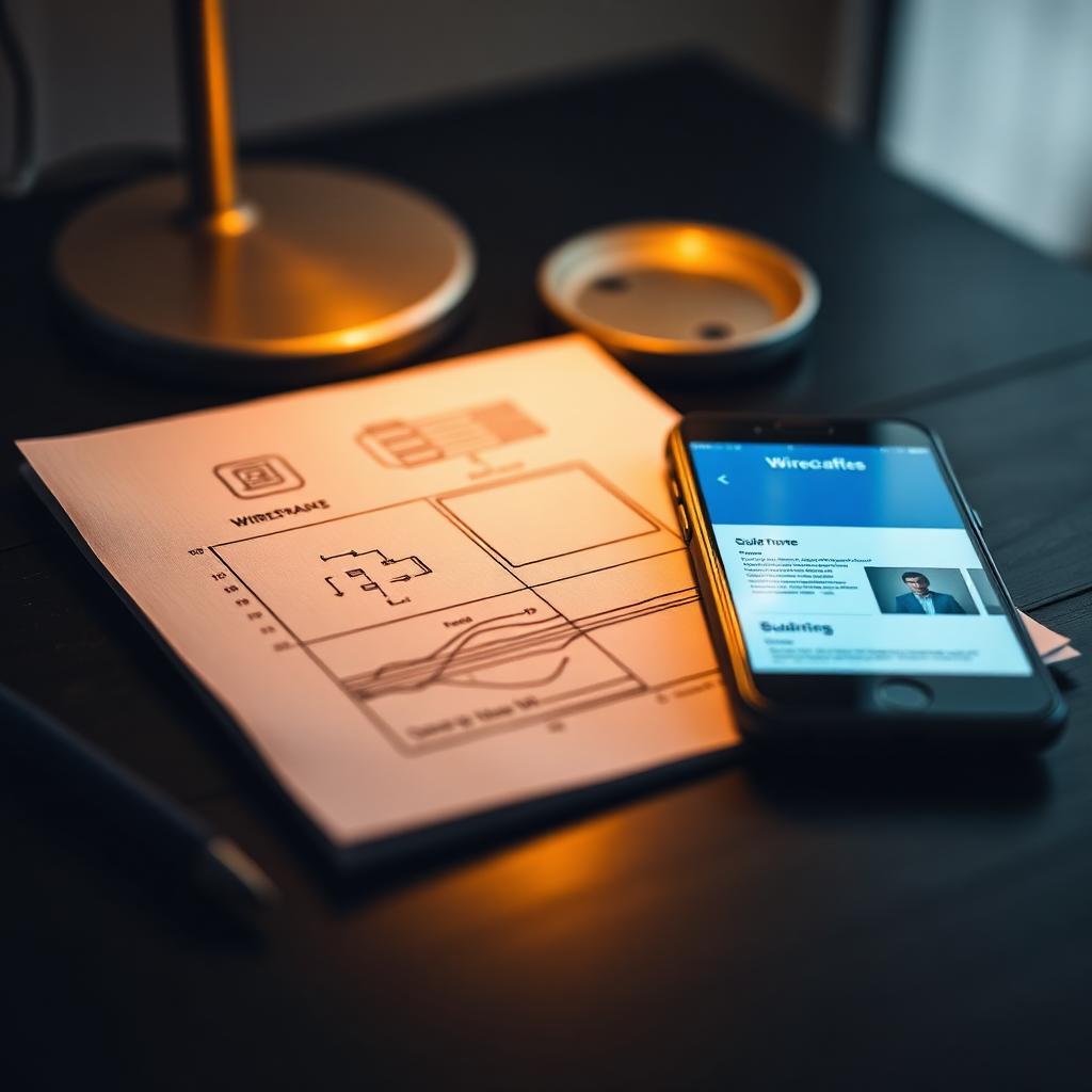 Website wireframe sketch beside a phone showing a landing page