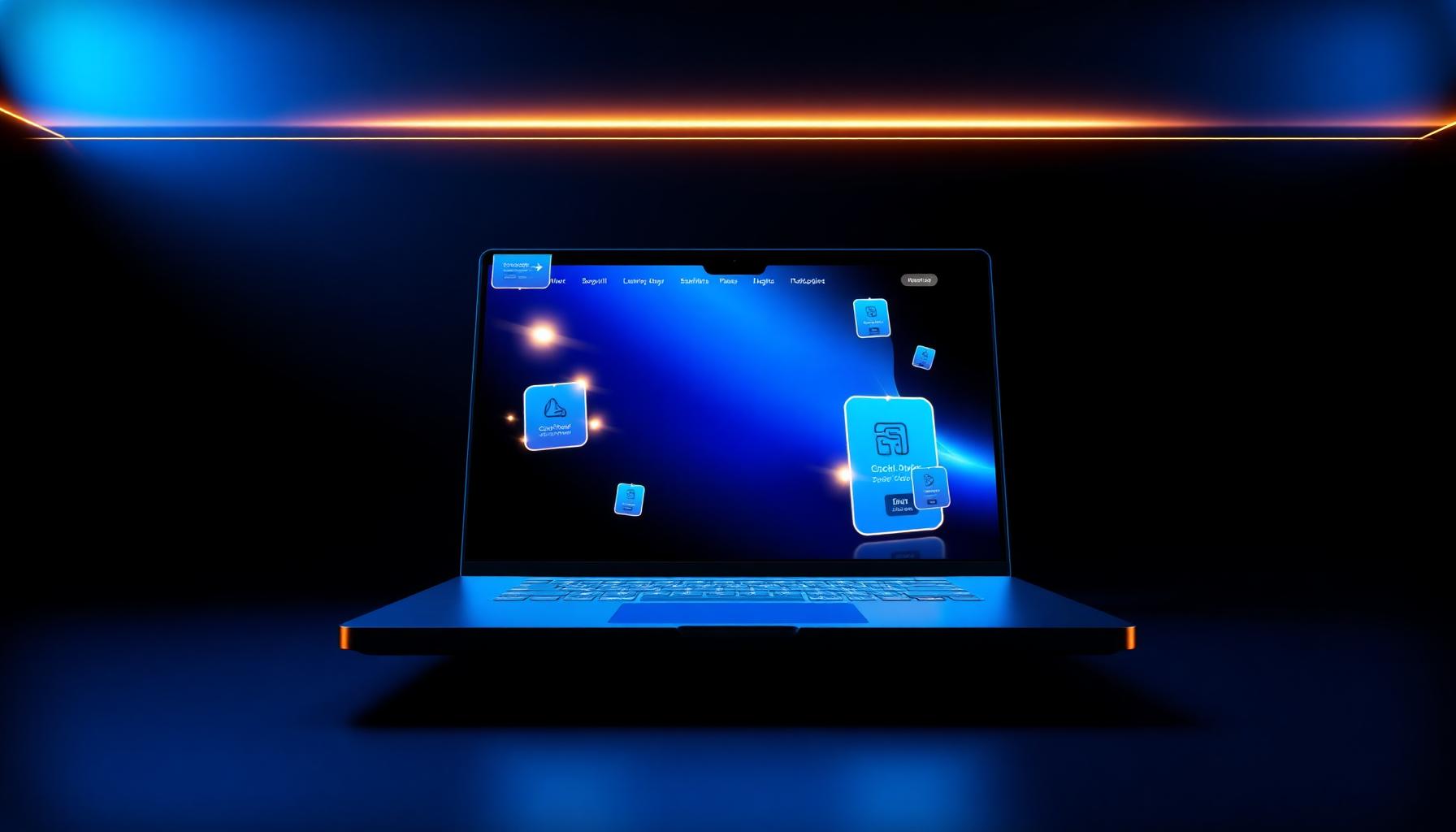 Cinematic view of a modern website glowing on a laptop in blue and gold light